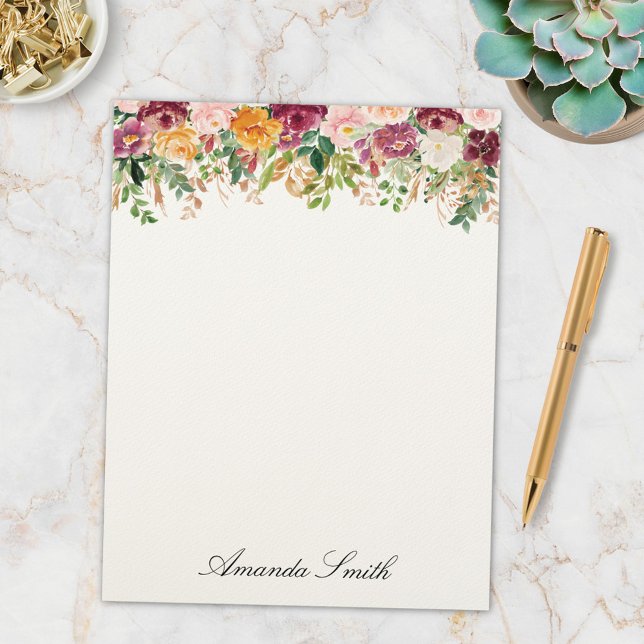 Elegant Monogram Watercolor Rose Flower Garden Briefhoofd (In situ)