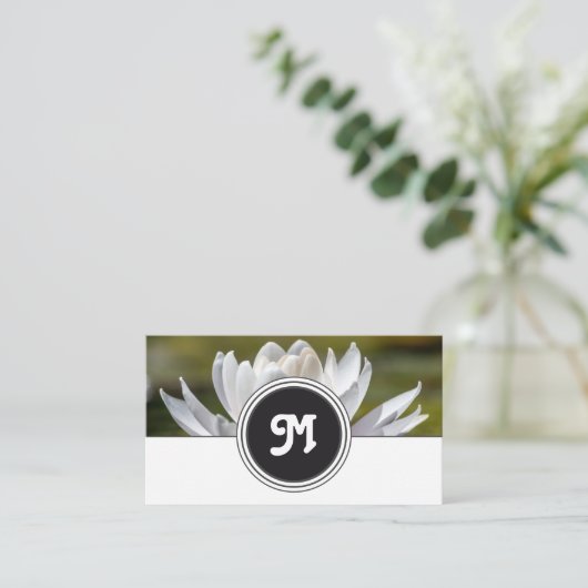 Elegant monogram waterlelie bloemist wit grijs visitekaartje (Staand voorkant)