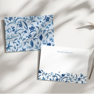 Elegant Monogram Waterverf Blauw Bloemmotief Notitiekaartje