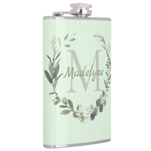 Elegant Monogram Waterverf Botanische krans Heupfles (Rechts)