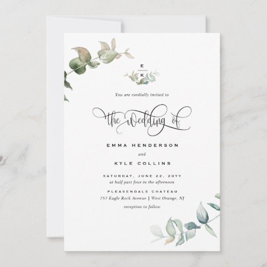 Elegant Monogram Waterverf Groen Bruiloft Kaart (Voorkant)