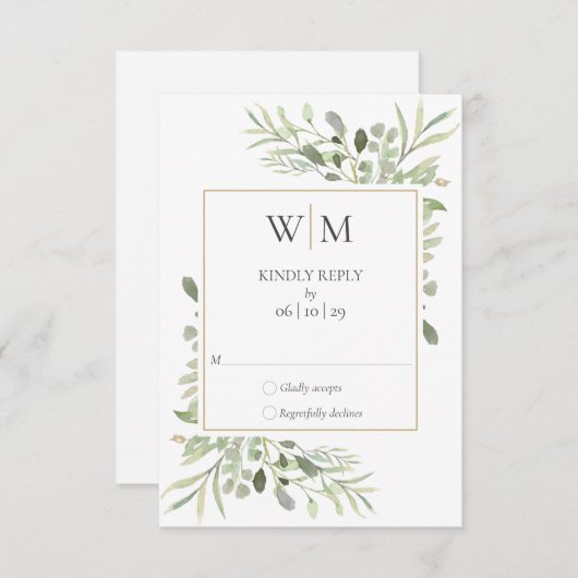 Elegant Monogram Waterverf Groen Bruiloft RSVP Kaartje (Voorkant / Achterkant)