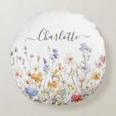 Elegant Monogram Waterverf Kleurrijke Wildflower Rond Kussen (Voorkant)