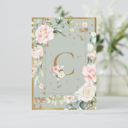 Elegant Monogram Waterverf Letter C Roze Roses Bedankkaart (Staand voorkant)