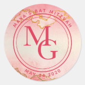 Elegant Monogram Waterverf Roze Rood Ombre Ronde Sticker (Voorkant)
