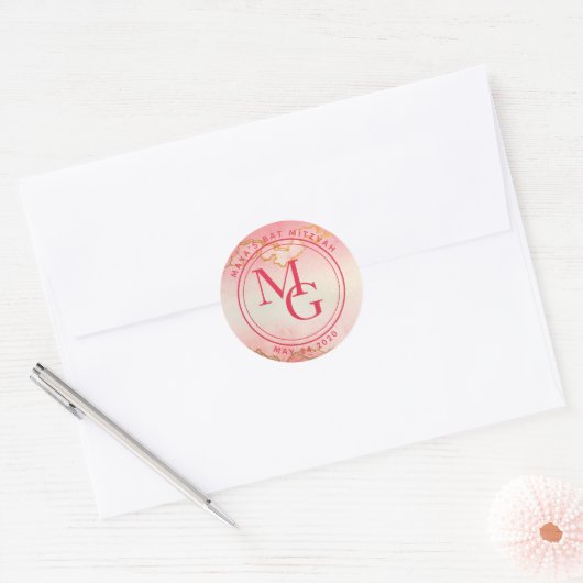 Elegant Monogram Waterverf Roze Rood Ombre Ronde Sticker (Envelop)