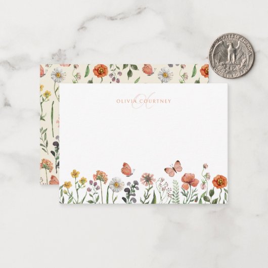 Elegant Monogram Waterverf Wilde bloem Floral Notitiekaartje (Voorkant / Achterkant in situ)