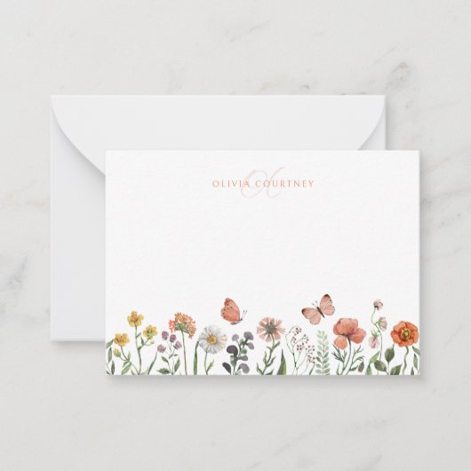 Elegant Monogram Waterverf Wilde bloem Floral Notitiekaartje (Voorkant)