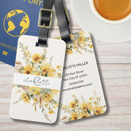 Elegant Monogram Waterverf Zonnebloem Boeket Bagagelabel