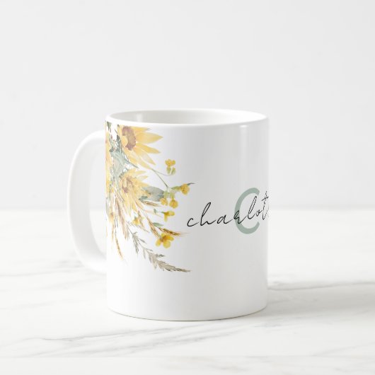 Elegant Monogram Waterverf Zonnebloem Boeket Koffiemok (Voorkant links)