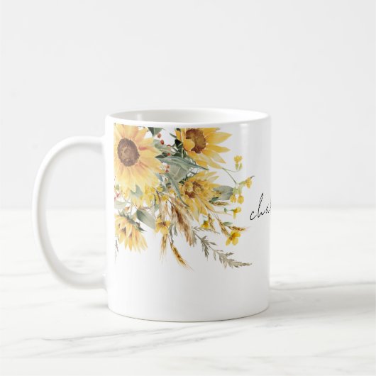 Elegant Monogram Waterverf Zonnebloem Boeket Koffiemok (Links)