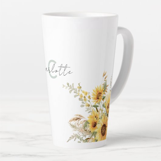 Elegant Monogram Waterverf Zonnebloem Boeket Latte Mok (Rechterhoek)
