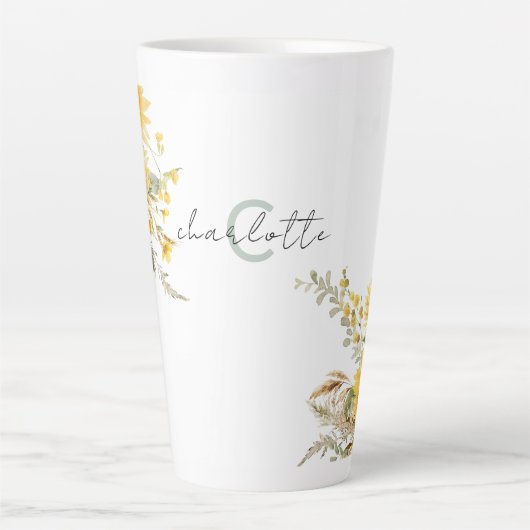 Elegant Monogram Waterverf Zonnebloem Boeket Latte Mok (Voorkant)