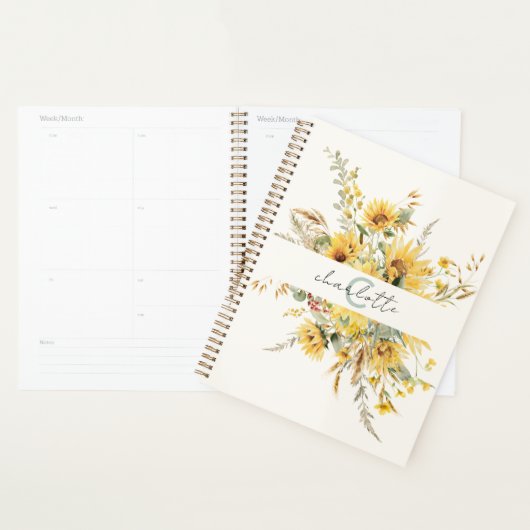 Elegant Monogram Waterverf Zonnebloem Boeket Planner (Display)