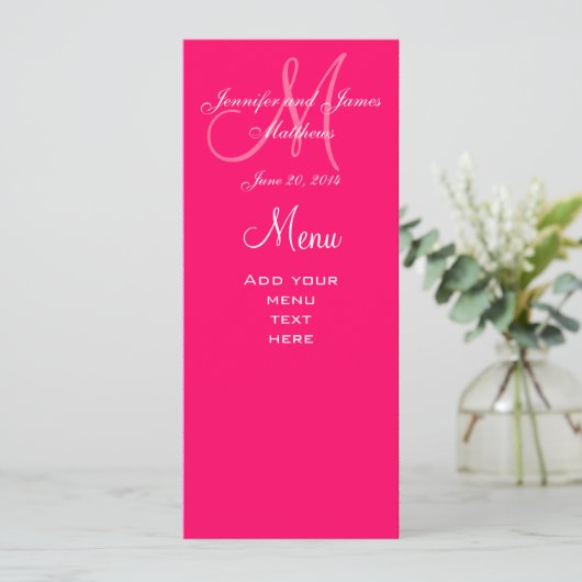 Elegant Monogram Weddenschap Menu Kaarten Hot Pink (Staand voorkant)