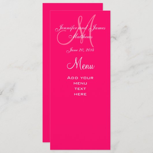 Elegant Monogram Weddenschap Menu Kaarten Hot Pink (Voorkant / Achterkant)