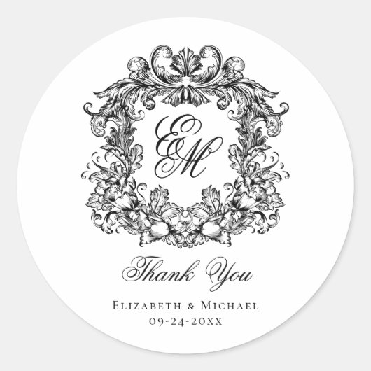 Elegant Monogram Wedding Crest Dank u Ronde Sticker (Voorkant)