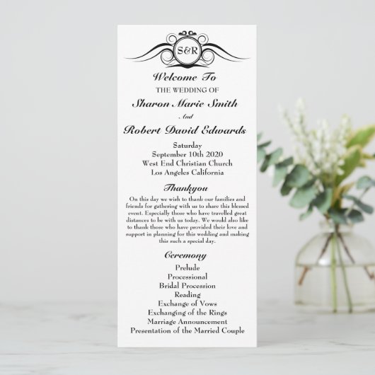 Elegant Monogram Wedding Programme Programmakaart (Staand voorkant)