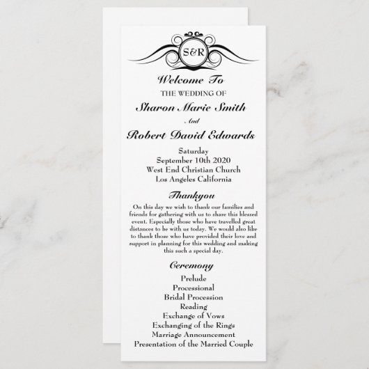 Elegant Monogram Wedding Programme Programmakaart (Voorkant / Achterkant)