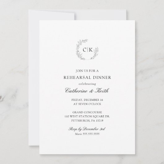 Elegant Monogram Wedding Rehearsal Dinner Kaart (Voorkant)