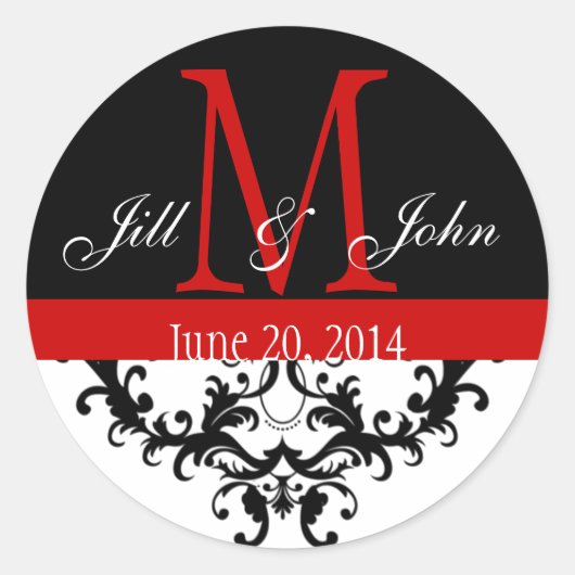 Elegant Monogram & wervelingen Rood Zwart Bruiloft Ronde Sticker (Voorkant)