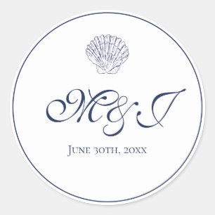 Elegant Monogram White en Blue Shell Ronde Sticker