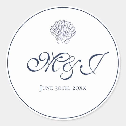 Elegant Monogram White en Blue Shell Ronde Sticker (Voorkant)