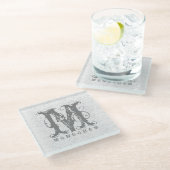 Elegant Monogram White en Gray Damaskers Glazen Onderzetter (Schuin)