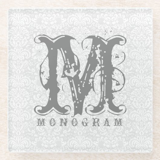 Elegant Monogram White en Gray Damaskers Glazen Onderzetter (Voorkant)