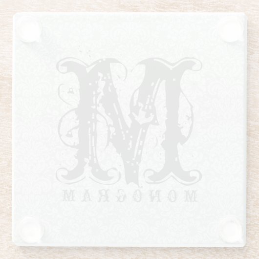 Elegant Monogram White en Gray Damaskers Glazen Onderzetter (Achterkant)