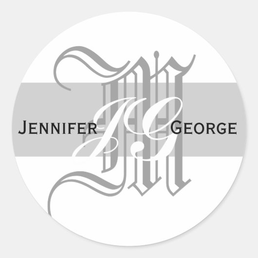Elegant Monogram White en Gray Wedding Sticker (Voorkant)