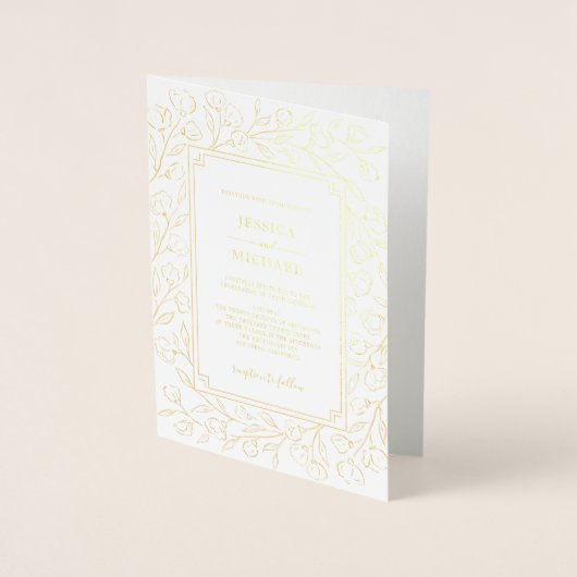 Elegant Monogram White Gold Classic Floral Wedding Folie Kaarten (Voorkant)