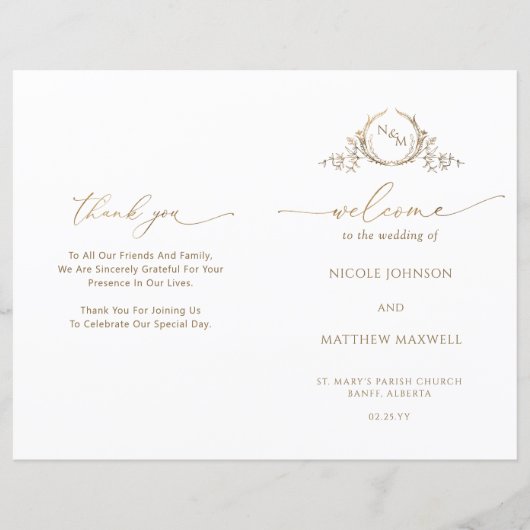 Elegant Monogram White Gold Wedding Folded Program (Voorkant)