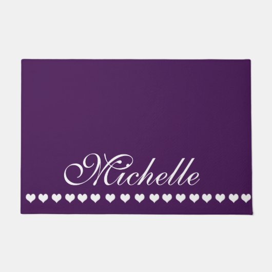 Elegant Monogram White Hearts Eggplant Paars Deurmat (Voorkant)