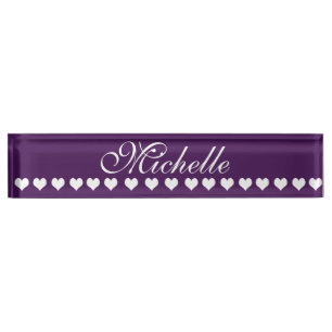 Elegant Monogram White Hearts Eggplant Paars Naambordje