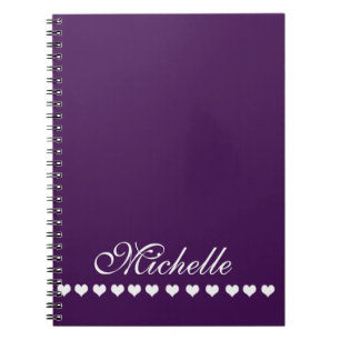 Elegant Monogram White Hearts Eggplant Paars Notitieboek