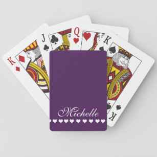 Elegant Monogram White Hearts Eggplant Paars Pokerkaarten