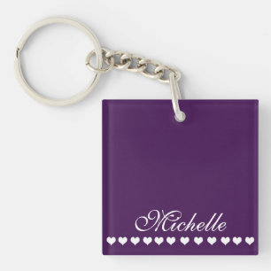Elegant Monogram White Hearts Eggplant Paars Sleutelhanger