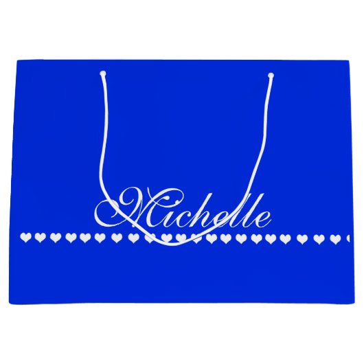 Elegant Monogram White Hearts Royal Blue Groot Cadeauzakje (Voorkant)