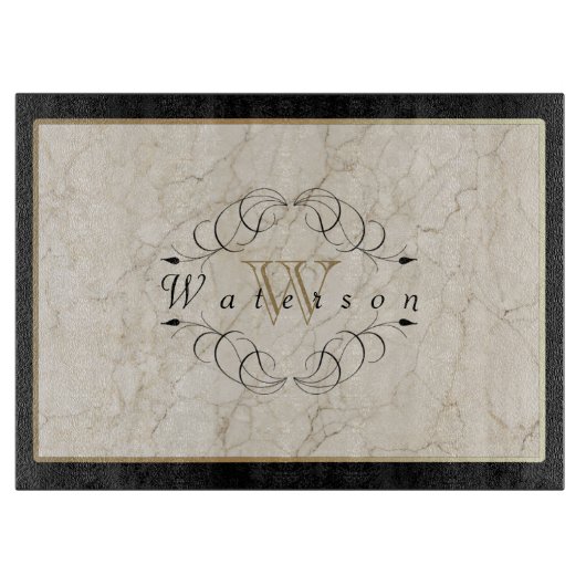 Elegant Monogram White Marble Ornament Gold Black Snijplank (Voorkant)
