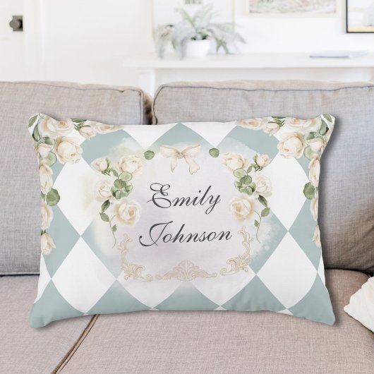 Elegant Monogram White Roses Green Leaves Diamond Accent Kussen