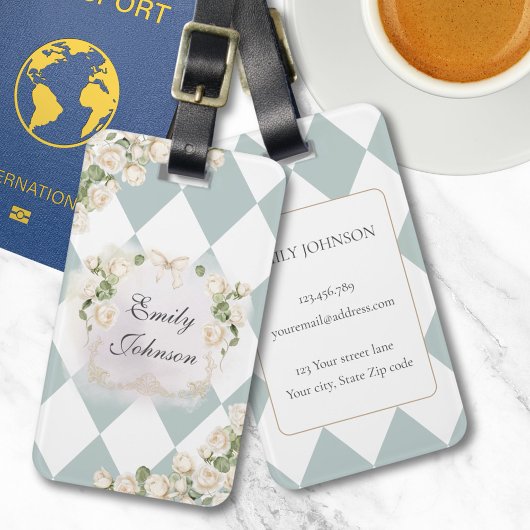 Elegant Monogram White Roses Green Leaves Diamond Bagagelabel