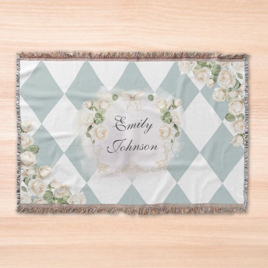 Elegant Monogram White Roses Green Leaves Diamond Deken