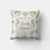 Elegant Monogram White Roses Green Leaves Diamond Kussen (Voorkant)