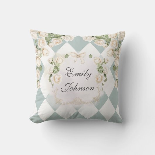 Elegant Monogram White Roses Green Leaves Diamond Kussen (Voorkant)