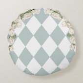 Elegant Monogram White Roses Green Leaves Diamond Rond Kussen (Achterkant)