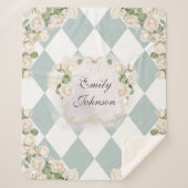 Elegant Monogram White Roses Green Leaves Diamond Sherpa Deken (Voorkant)