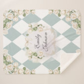Elegant Monogram White Roses Green Leaves Diamond Sherpa Deken (Voorkant (horizontaal))