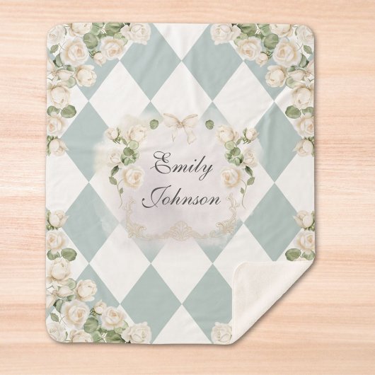 Elegant Monogram White Roses Green Leaves Diamond Sherpa Deken
