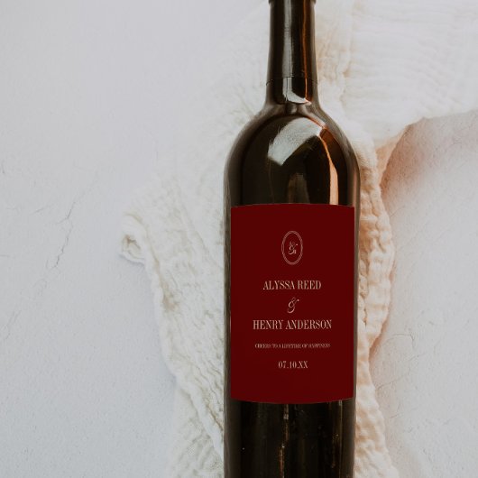 Elegant Monogram Wijn Rood "Proost" Trouwen Etiket